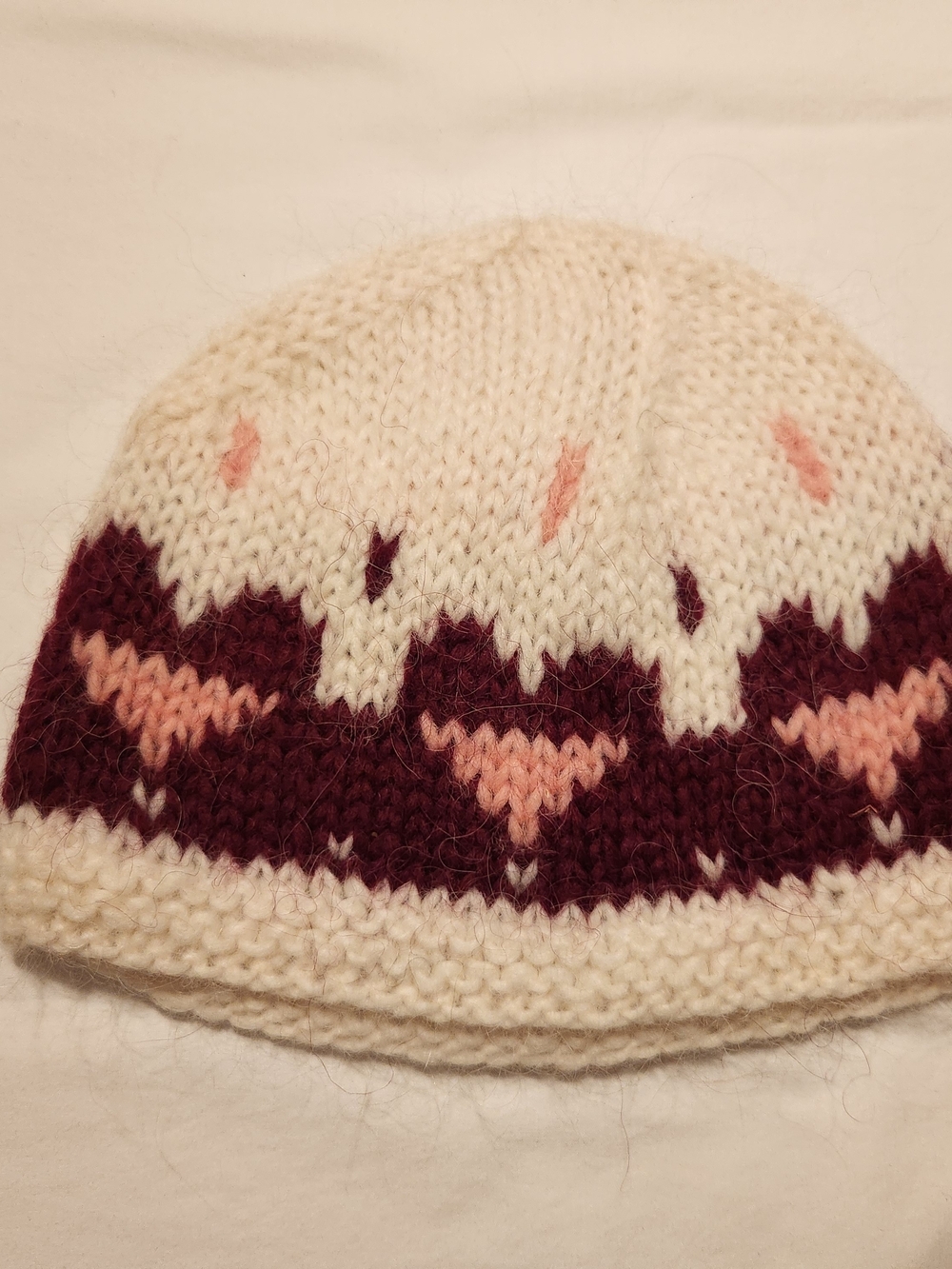 Hand Knit Icelandic 100% Wool Beanie Cream Burgundy Pink Women’s